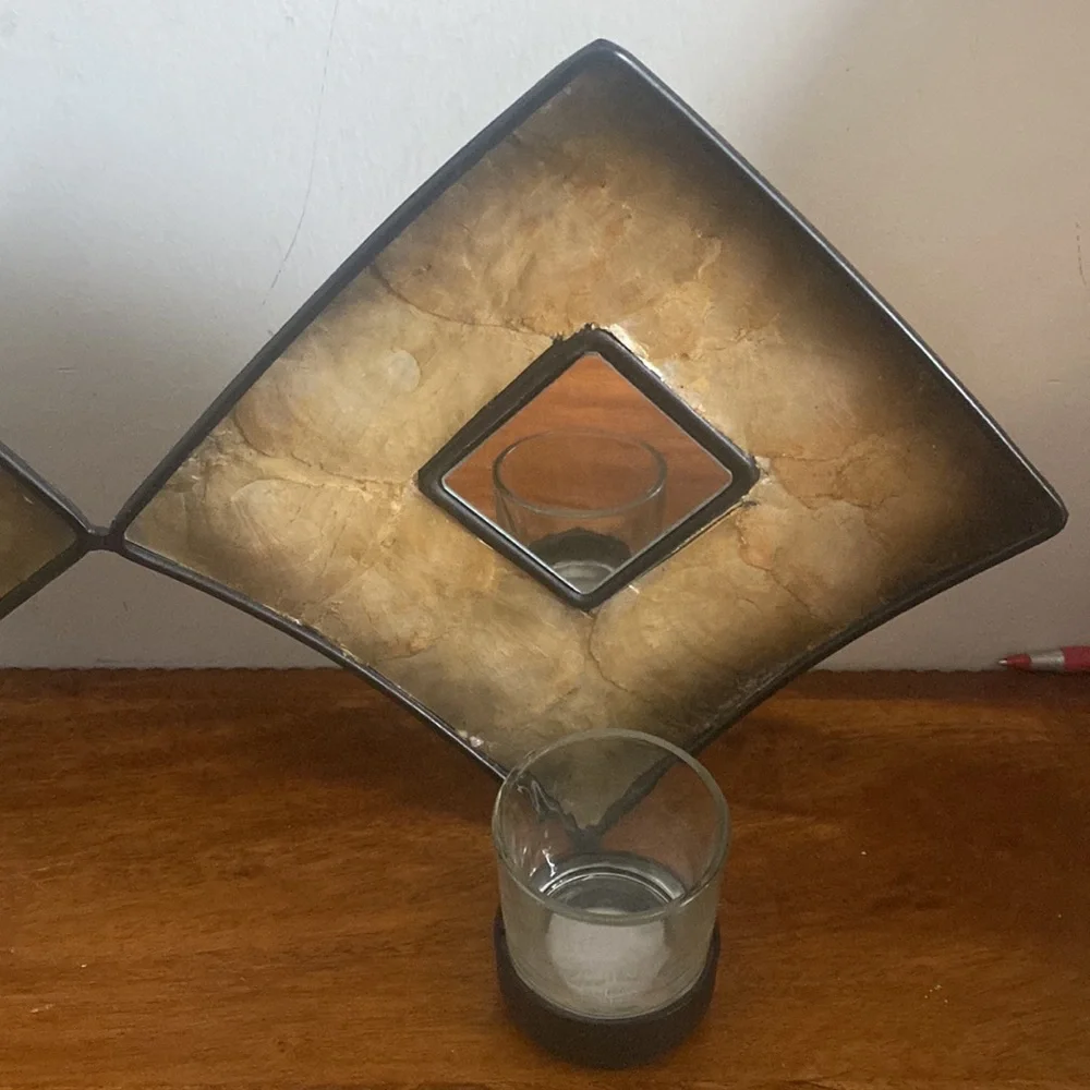 Vintage Pier 1 Slag Glass Diamond Tea Light Wall Mirror 25.5”.